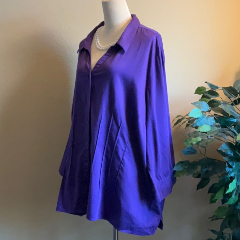 Deep Purple Long Sleeve Button Down Top, 3X - Picture 2 of 9